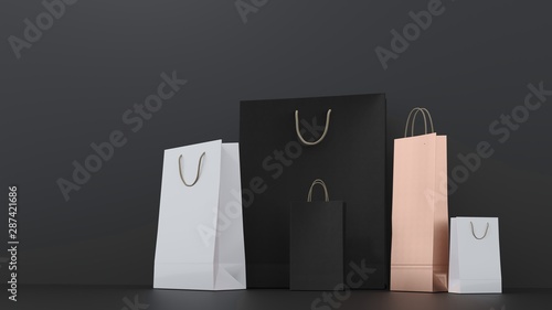 Shopping bags on dark black background - mock up, branding. Stylish illustration for advertising brands, firms, goods - 3D render. Gift paper bags for the holidays - Christmas, Black Friday.