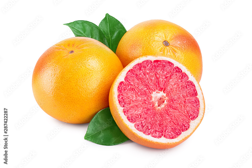 grapefruit and half with leaves isolated on white background grapefruit and half with leaves isolated on white background