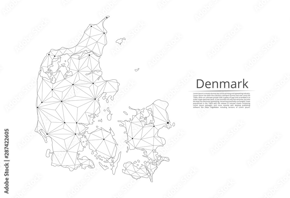 Map of Denmark connection. Vector low-poly image of a global map with lights in the form of cities or population density, consisting of points and shapes in the form of stars and space.