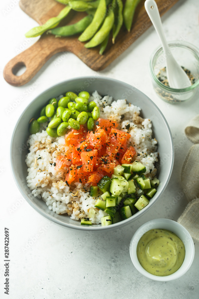 Rice bowl with salmon and edamame beans Rice bowl with salmon and edamame beans