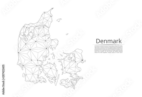 Map of Denmark connection. Vector low-poly image of a global map with lights in the form of cities or population density, consisting of points and shapes in the form of stars and space.