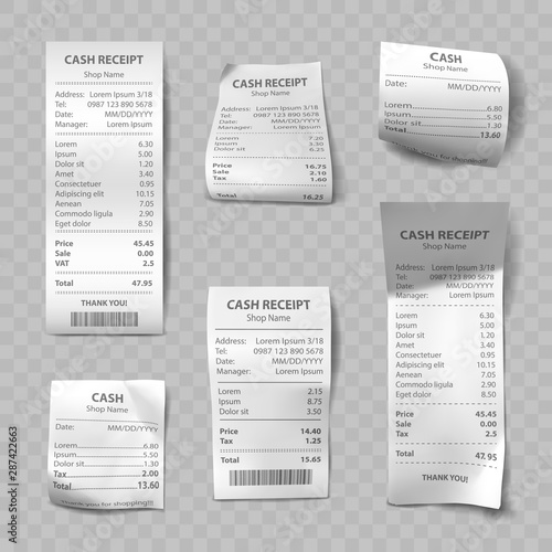 Shop receipt set of realistic isolated vector illustrations. Direct and curled paper payment bills with barcode, goods and their price, tax, Vat and total amount