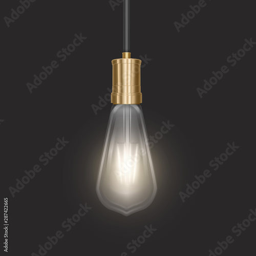 The bulb in retro style on dark substrate, glowing light bulb in realistic style Vector illustration