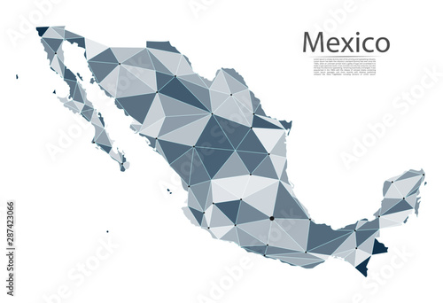 Map of Mexico connection. Vector low-poly image of a global map with lights in the form of cities or population density, consisting of points and shapes in the form of stars and space.