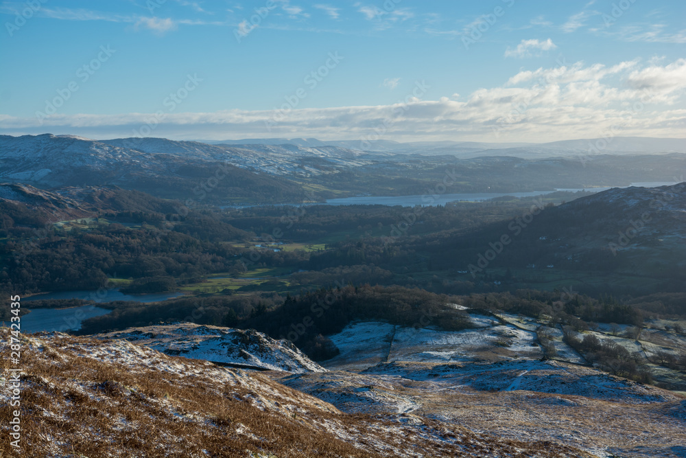 Winter view of Langdale in the English Lake District with snow covered fells in the sunshine