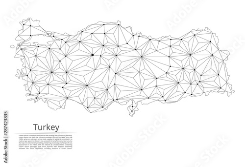 Turkey communication network map. Vector low poly image of a global map with lights in the form of cities in or population density consisting of points and shapes and space. Easy to edit