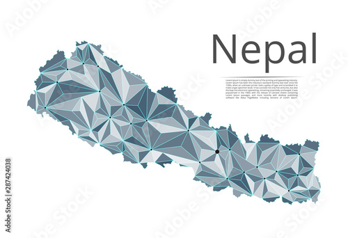 Nepal communication network map. Vector low poly image of a global map with lights in the form of cities in or population density consisting of points and shapes in the form of stars and space.