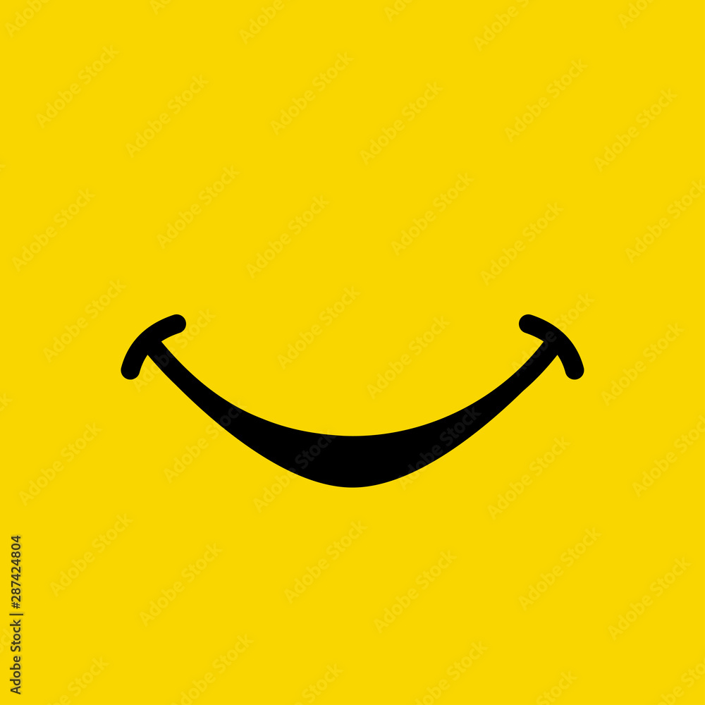 Smile emoticon show mouth on yellow background. Yummy emoji tasty or hungry smile. Vector illustration. - obrazy, fototapety, plakaty 