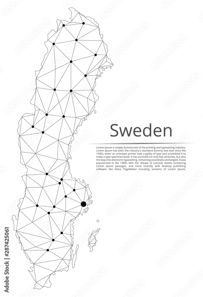 Sweden communication network map. Vector low poly image of a global map with lights in the form of cities in or population density consisting of points and shapes and space. Easy to edit