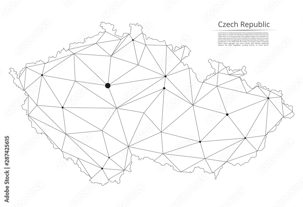 The map of the network of the Czech Republic. Vector low-poly image of a global map with lights in the form of a population density of cities consisting of shapes and space. Easy to edit The map of the network of the Czech Republic. Vector low-poly image of a global map with lights in the form of a population density of cities consisting of shapes and space. Easy to edit