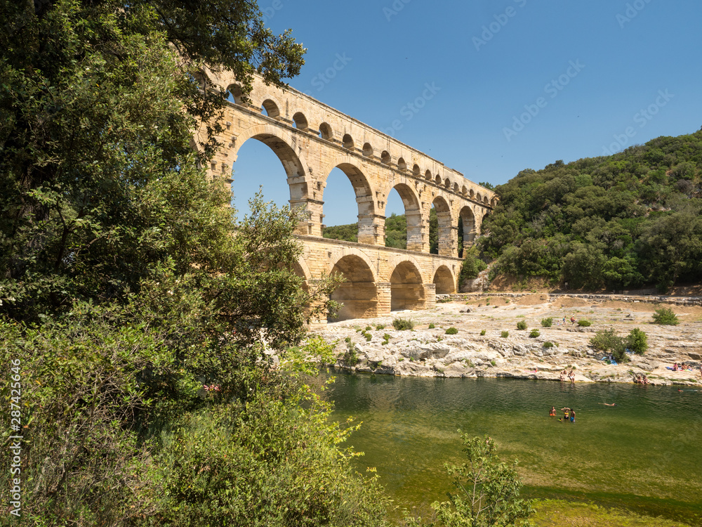 France, July 2019: Pont du Gard is an old Roman aqueduct near Nimes in Southern France