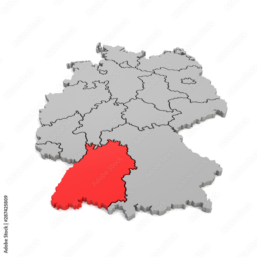3d Illustation - Deutschlandkarte in grau mit Fokus auf Baden-Württemberg in rot - 16 Bundesländer