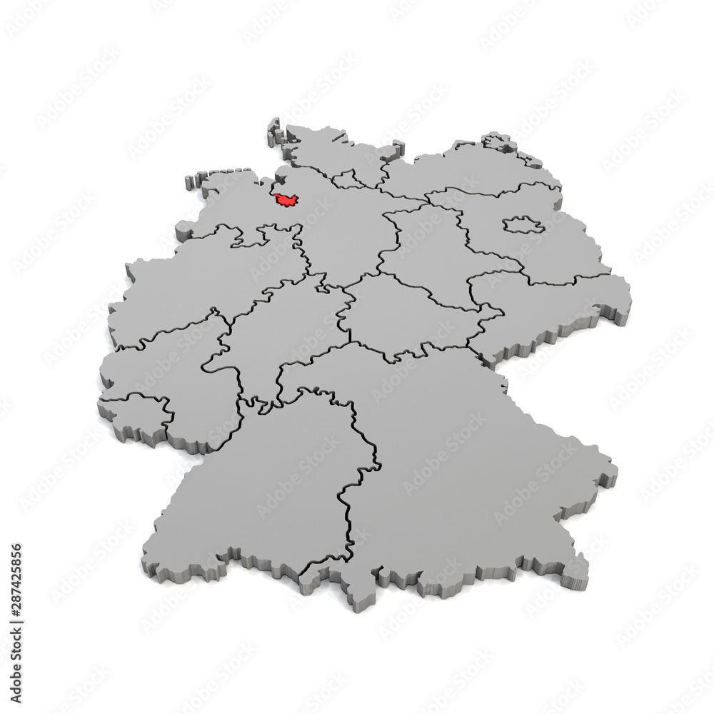 3d Illustation - Deutschlandkarte in grau mit Fokus auf Bremen in rot - 16 Bundesländer