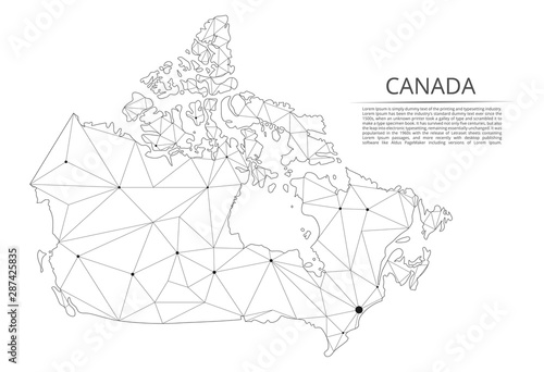 Map of Canada. Vector low-poly image of a global map with lights in the form of a population density of cities consisting of figures, lines and space. Easy to edit