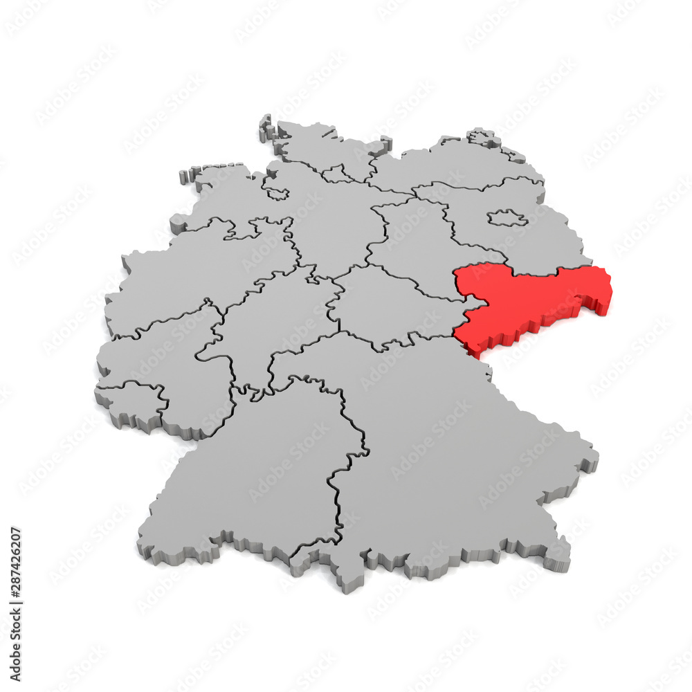 3d Illustation - Deutschlandkarte in grau mit Fokus auf Sachsen in rot - 16 Bundesländer