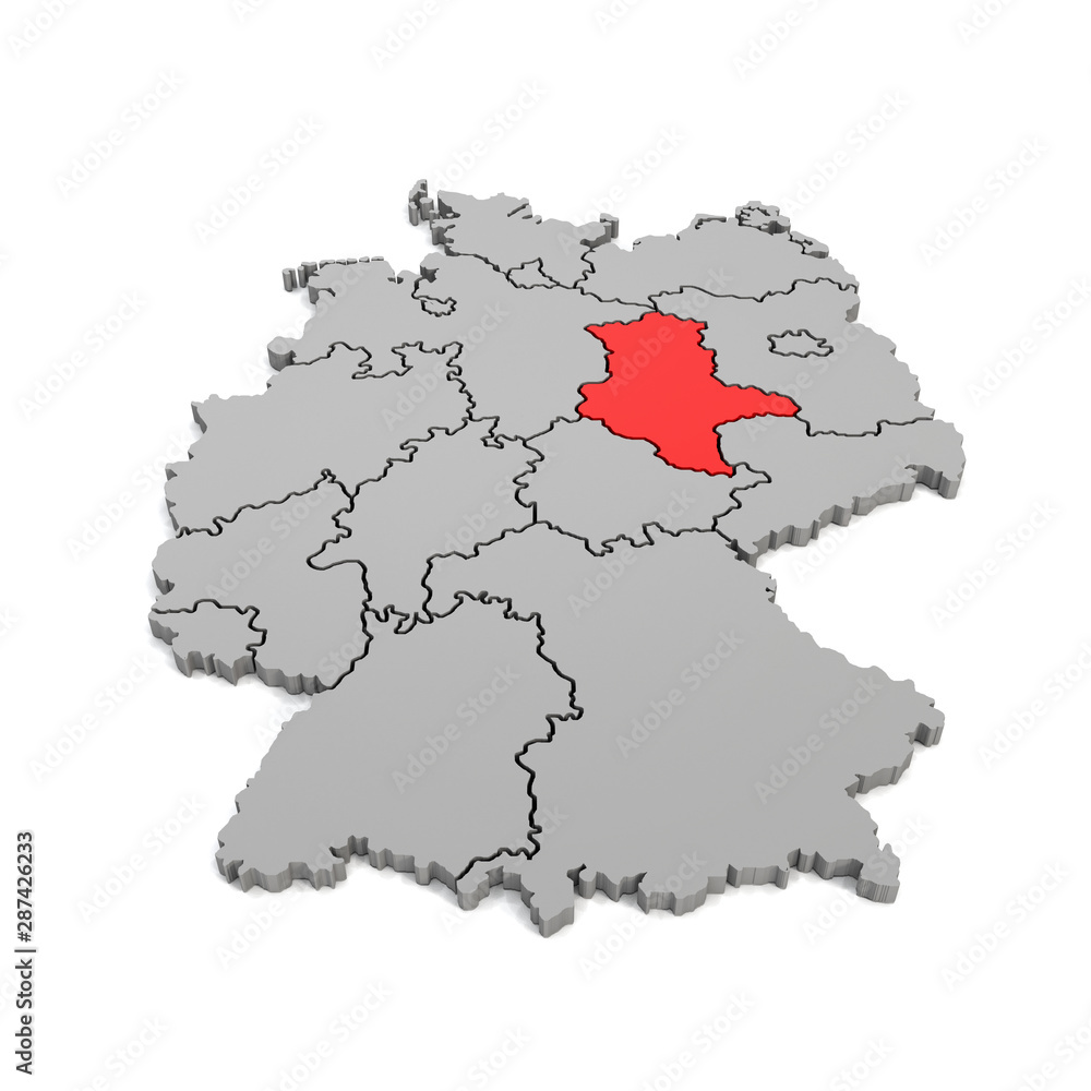 3d Illustation - Deutschlandkarte in grau mit Fokus auf Sachsen-Anhalt in rot - 16 Bundesländer