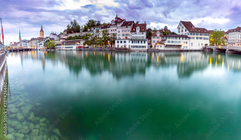 Zurich. Scenic panoramic view of the city promenade and at dawn.