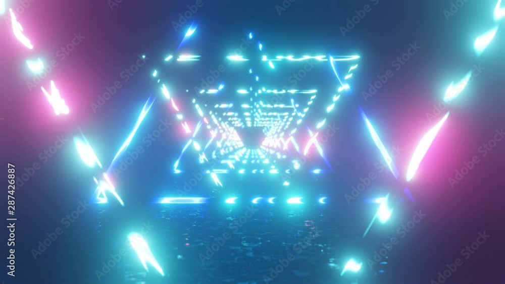 VJ Loop plan with neon light triangles. Abstract fluorescent background. Neon background. Neon light triangles. Abstract UV contour 4K background.