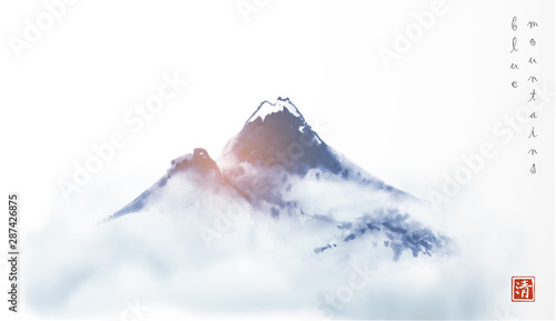 Big blue Fujiyama mountain in dense mist. Traditional Japanese ink wash painting sumi-e. Hieroglyph - clarity.