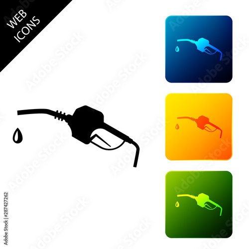 Gasoline pump nozzle icon isolated. Fuel pump petrol station. Refuel service sign. Gas station icon. Set icons colorful square buttons. Vector Illustration