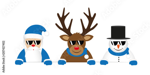 cute reindeer santa claus and snowman cartoon with sunglasses for christmas vector illustration EPS10