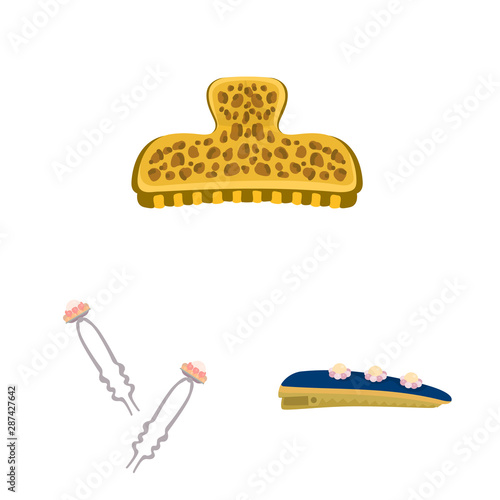 Vector design of barrette and hair sign. Set of barrette and accessories stock vector illustration.