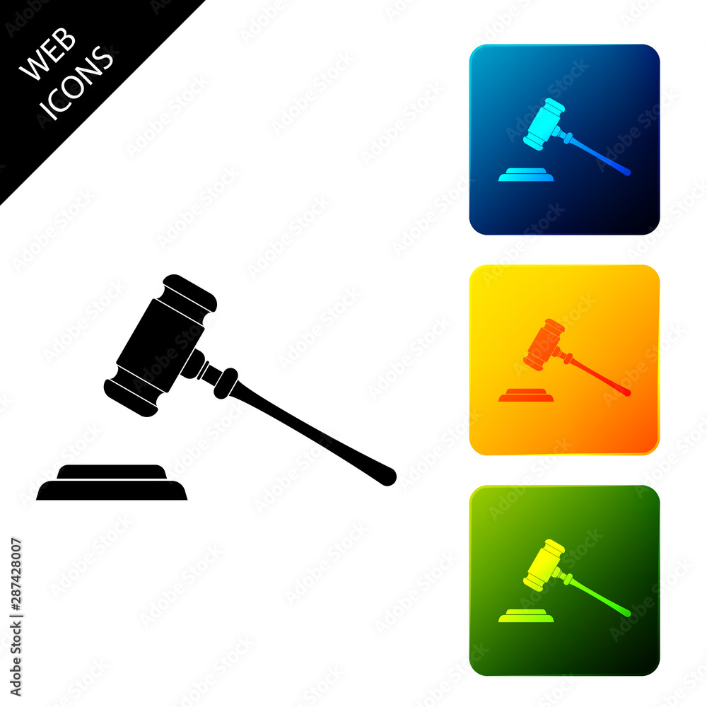 Judge gavel icon isolated. Gavel for adjudication of sentences and bills, court, justice, with a stand. Auction hammer symbol. Set icons colorful square buttons. Vector Illustration Judge gavel icon isolated. Gavel for adjudication of sentences and bills, court, justice, with a stand. Auction hammer symbol. Set icons colorful square buttons. Vector Illustration