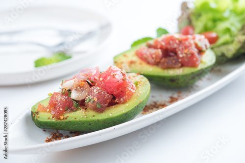 Spicy Bluefin Tuna Tartare with avocado in Thai style serve.