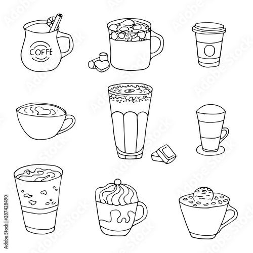 Coffee cups collection. Sketch vector illustartion. Hand drawn outline coffee set.