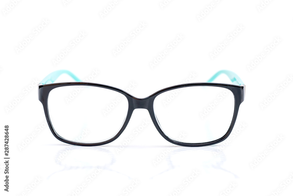 Fototapeta premium close up of eyeglasses in black and blue colors isolated on white background.