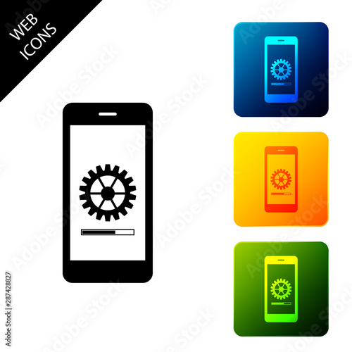 Smartphone update process with gearbox progress and loading bar. System software update and upgrade concept. Loading process in mobile screen. Set icons colorful square buttons. Vector Illustration