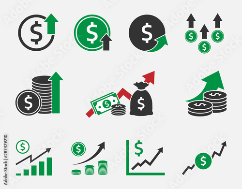 dollar rate increase, currency growth icon set