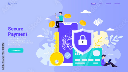 Secure payment, personal information security, account protection design concept for landing page. Flat vector illustration with tiny characters for landing page, web site, banner, hero image 