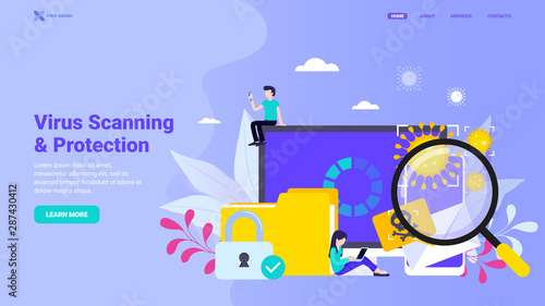 Computer virus scanning and protection, antivirus, firewall, file scanning, phone and email checking. Flat vector illustration with characters for landing page, web site, banner, hero image.