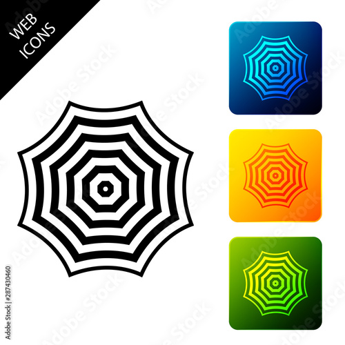 Sun protective umbrella fo beach icon isolated. Large parasol for outdoor space. Beach umbrella. Summer vacation or picnic accessory. Set icons colorful square buttons. Vector Illustration