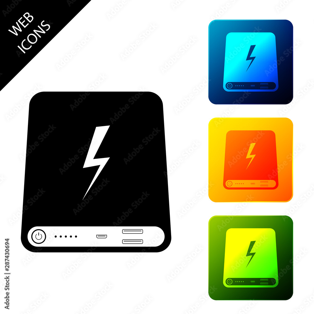 Power bank icon isolated. Portable charging device. Set icons colorful square buttons. Vector Illustration Power bank icon isolated. Portable charging device. Set icons colorful square buttons. Vector Illustration