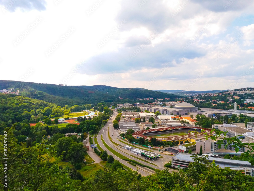 View from the mountain to a complex of sports facilities built in the Czech Republic.