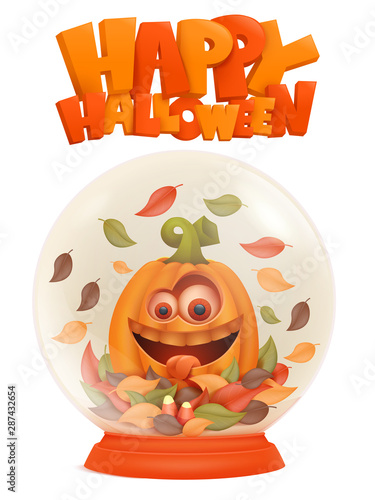 Glass souvenir snowball with halloween cartoon pumpkin character
