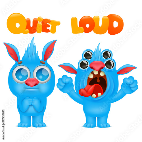 antonyms and opposites. Cartoon monster character cards for learning english language. Quiet and loud