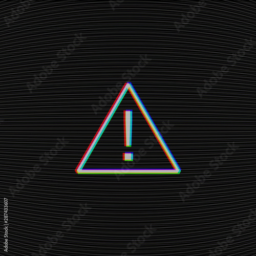 Glitched attention sign on black background with tv moire noise texture. Computer hacked danger error concept. Exclamation mark in triangular frame. Interference in air. Dark vector illustration