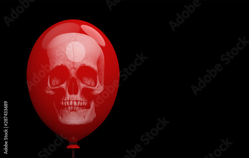 3d rendering. a head skull pattern on big red balloon with black cpoy space background. horror Halloween object concept