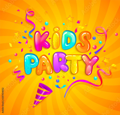 Kids party banner with party cracker,confetti,serpentine sparkles on sunburst background in cartoon style. Place for fun and play. Poster for children's playroom decoration. Vector illustration.