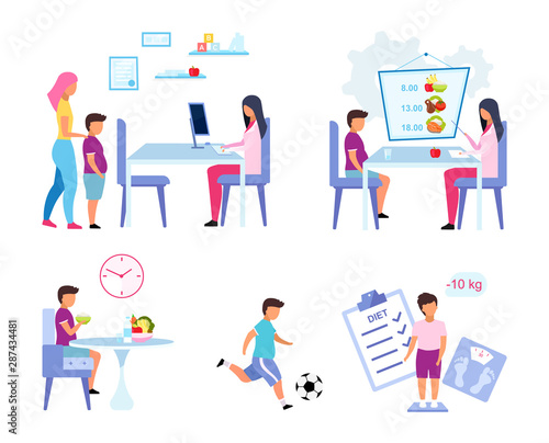 Children obesity problem flat vector illustrations set. Mother and son visiting nutritionist isolated cartoon characters. Dietitian prescribing healthy nutrition ingredients, physical activity