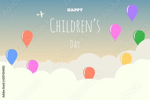 Happy Children   s Day background with a clouds  sky  colorful balloons and plane. Vector illustration for kid   s banner template with copy space for text.