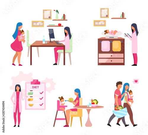 Baby weight control flat vector illustrations set. Mother and daughter visiting nutritionist isolated cartoon characters. Young parents holding basket with fresh fruits and vegetables