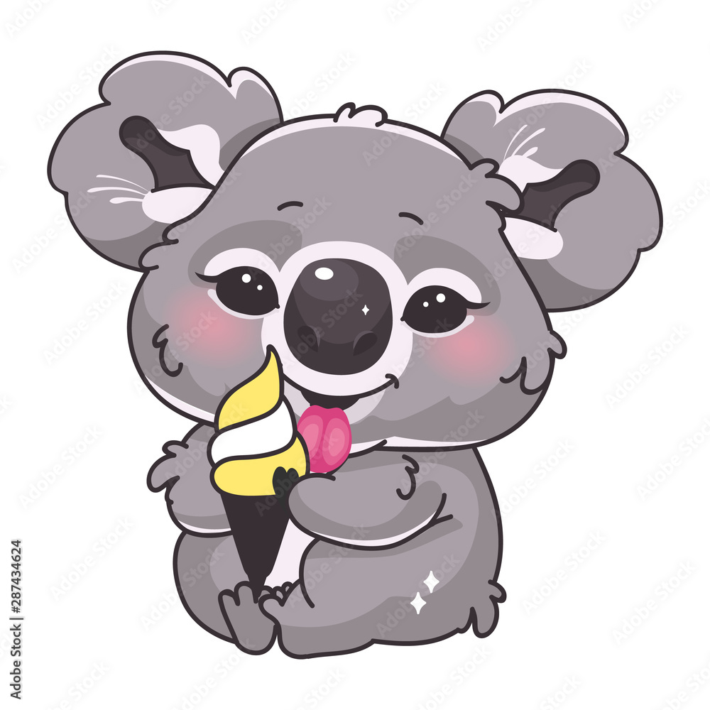 Cute koala kawaii cartoon vector character. Adorable and funny smiling animal eating ice cream isolated sticker, patch. Anime baby koala bear tasting sweets emoji on white background Cute koala kawaii cartoon vector character. Adorable and funny smiling animal eating ice cream isolated sticker, patch. Anime baby koala bear tasting sweets emoji on white background