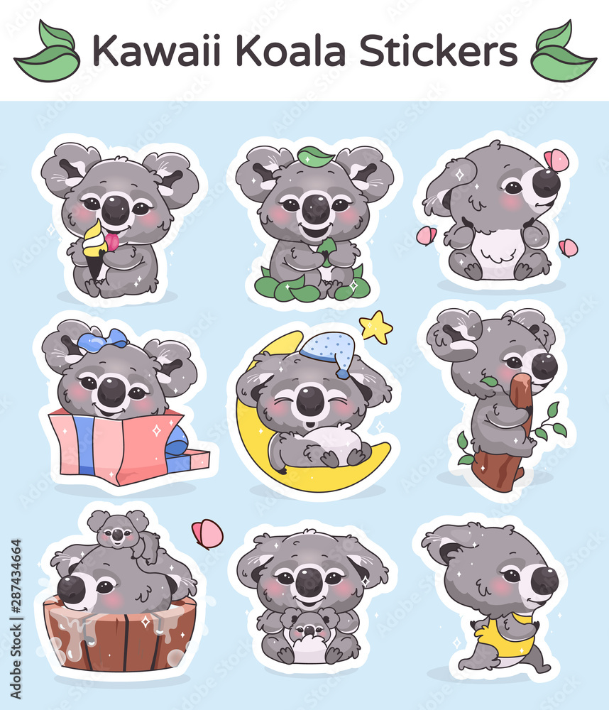 Fototapeta premium Cute koala mobile app kawaii cartoon characters stickers pack. Messaging application digital patches set with anime baby koala. Adorable, funny animal. Social media vector emojis, emoticons collection
