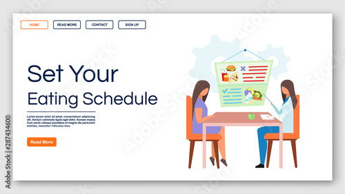 Healthy eating schedule landing page vector template. Consulting dietitian website interface idea with flat illustrations. Gastroenterologist homepage layout. Web banner, webpage cartoon concept