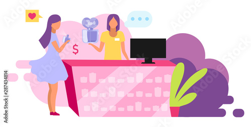 Buying perfumes flat vector illustration. Customer choosing beauty product, fragrance. Cosmetics shop, boutique consultant and shopper isolated cartoon character on white background