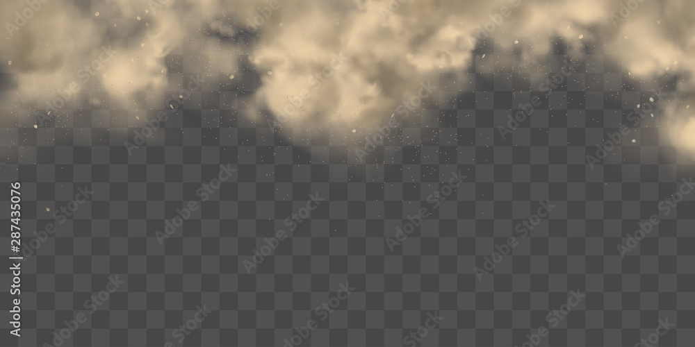 Cloud of dirty smog, brown smoke, heavy thick dust with motes, sand, soil particles isolated 3d realistic vector texture, background. Air pollution, dust allergy, house cleaning concept design element
